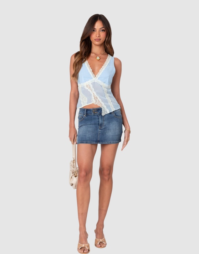 EDIKTED - Chiffon & Lace Sheer Asymmetric Top