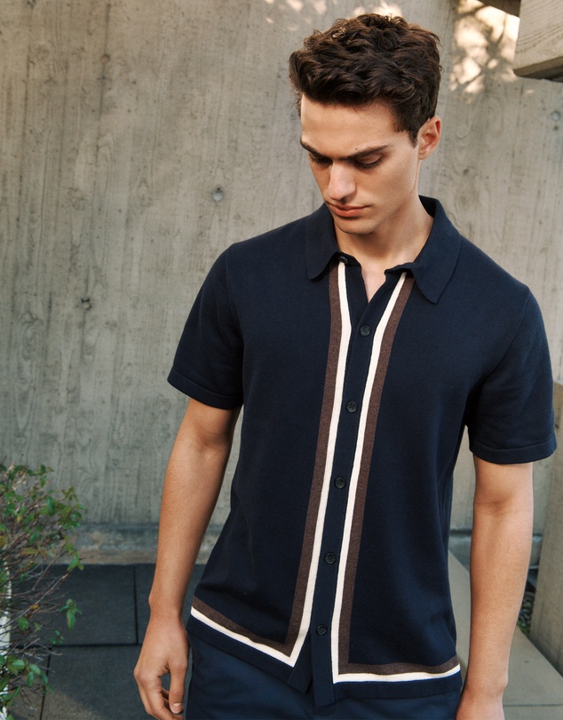Trenery - Cotton Silk Graphic Knit Shirt in Navy