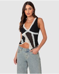 EDIKTED - Chiffon & Lace Sheer Asymmetric Top