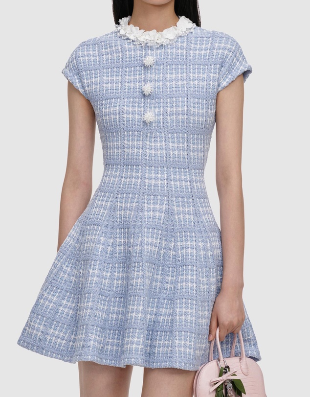 Self Portrait - Check Knit Beaded Mini Dress