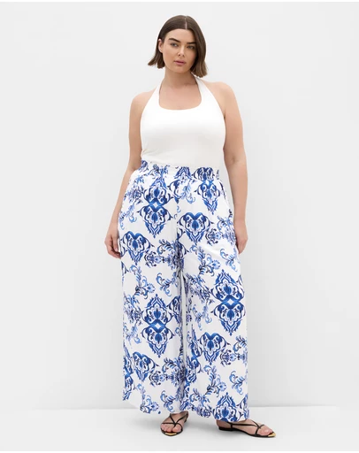 City Chic - Plus size Mykonos Print Wide Leg Pant - white