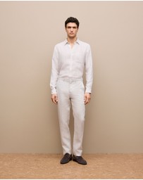 Trenery - Regular Fit Fine Stripe Linen Long Sleeve Shirt in White
