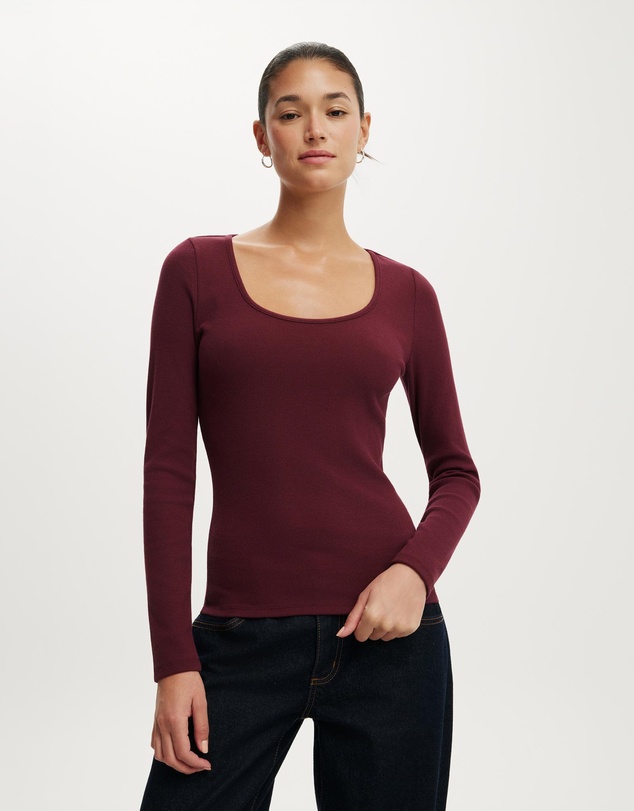 Cotton On - Scoop Neck Rib Long Sleeve Top
