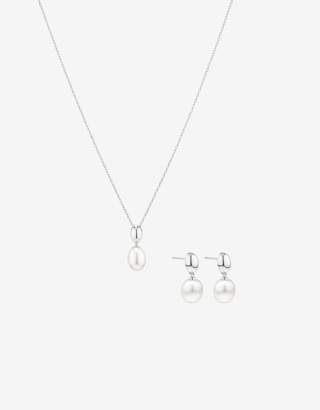 Michael Hill - Oval Cultured Freshwater Pearl Dome Drop Stud Earrings and Pendant Necklace Set in Sterling Silver