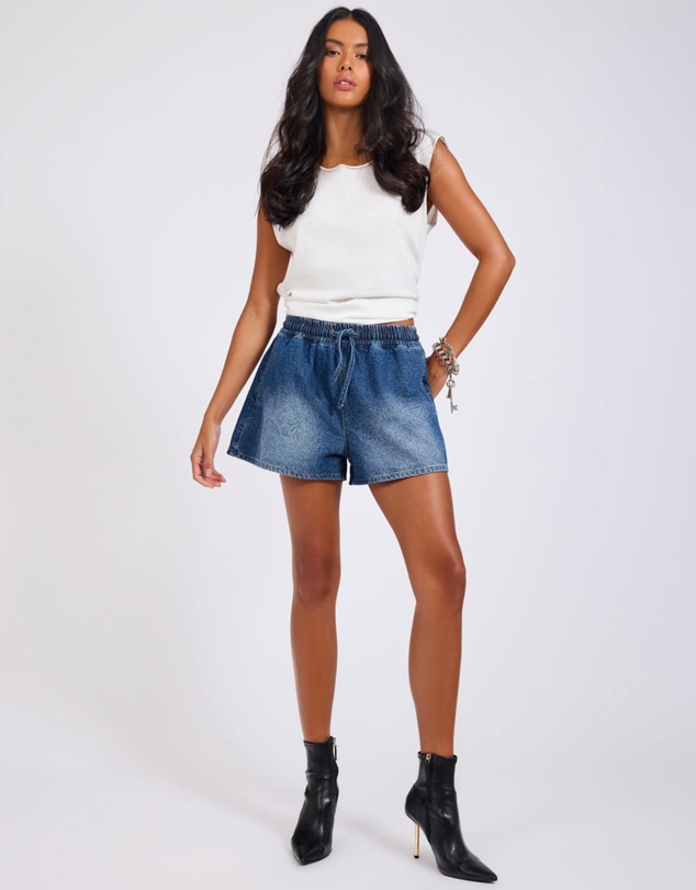 ONE TEASPOON - Boxer Drawstring Waist Denim Shorts - Blue Paisley