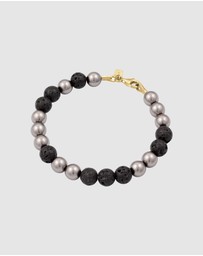 Kuzzoi - ICONIC EXCLUSIVE - Bracelet Male Ball Lava Synthetic Pearl Grey Black 925 Sterling Silver Gold Plated
