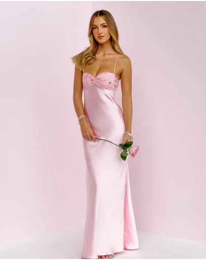 Beginning Boutique - Chilli Pink Beaded Bust Satin Maxi Dress