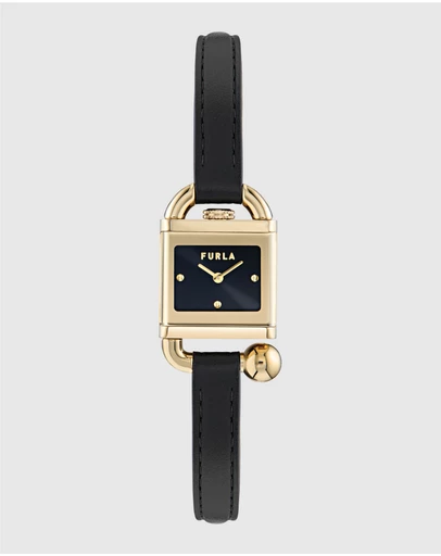 Furla - Mianuvola Square Yellow Gold-Tone Black Leather Strap Watch