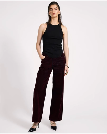 ONE TEASPOON - Jackson Mid Waist Wide Leg Velvet Finish Denim Jeans - Flocked Maroon