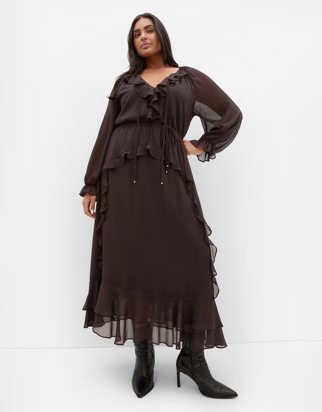City Chic - Plus size Glam Frill Maxi Dress - espresso