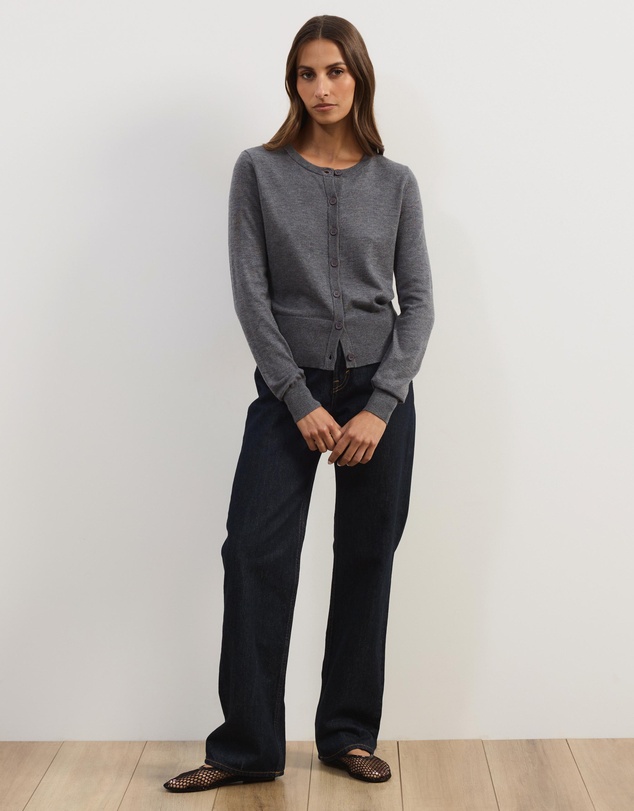 Atmos&Here - Elina Crewneck Knit Cardigan With Rib Hem