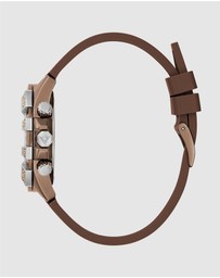 GUESS - ICONIC 40TH Logo 39mm Silver-Tone Case Brown Silicone Strap