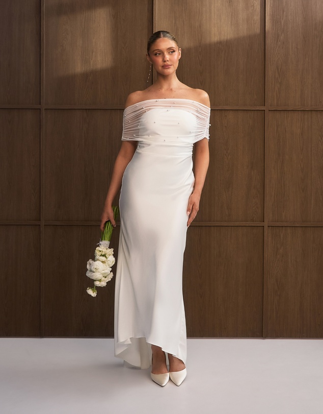 Six Stories - Bardot Detail Pearl Satin Midaxi Dress