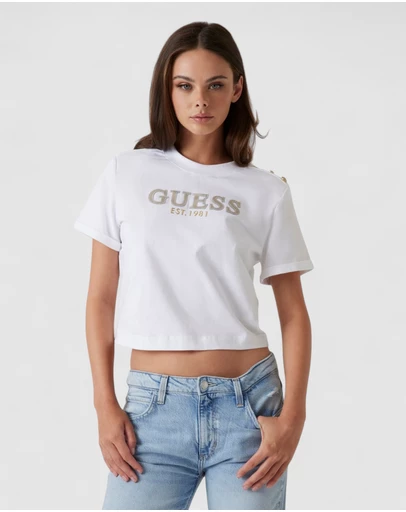 GUESS - Short Sleeve Metal Logo Cropped T-Shirt
