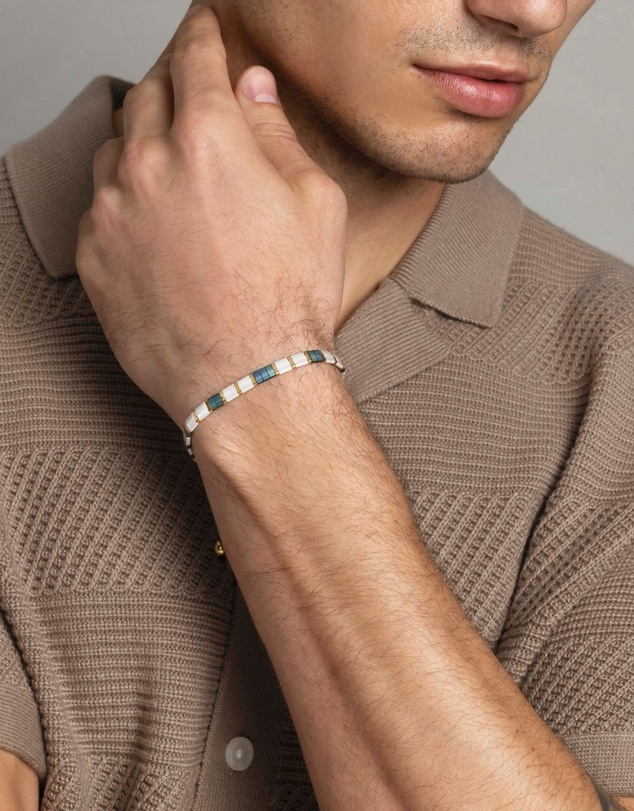 Nialaya Jewellery - Men's Bracelet With White, Patina Green And Gold Miyuki Tila Beads
