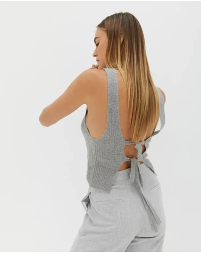 Style Addict - Mock Neck Tie Back Top - Grey
