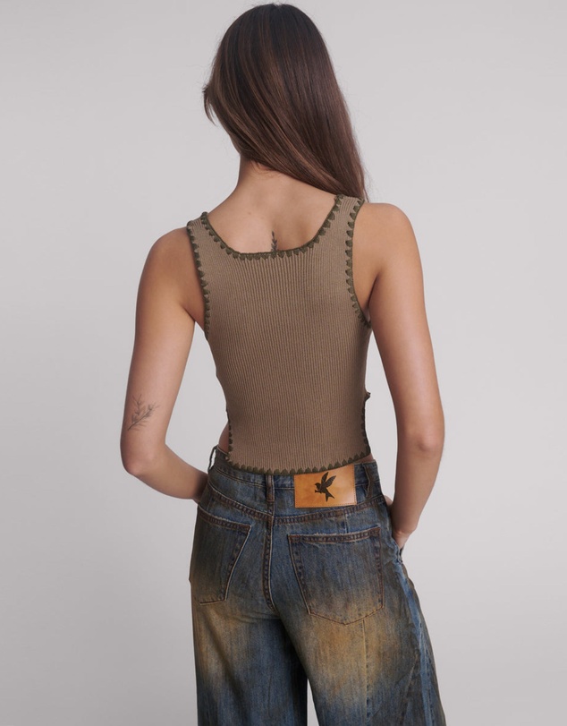 ONE TEASPOON - Knitted Scallop Tank Top - Khaki