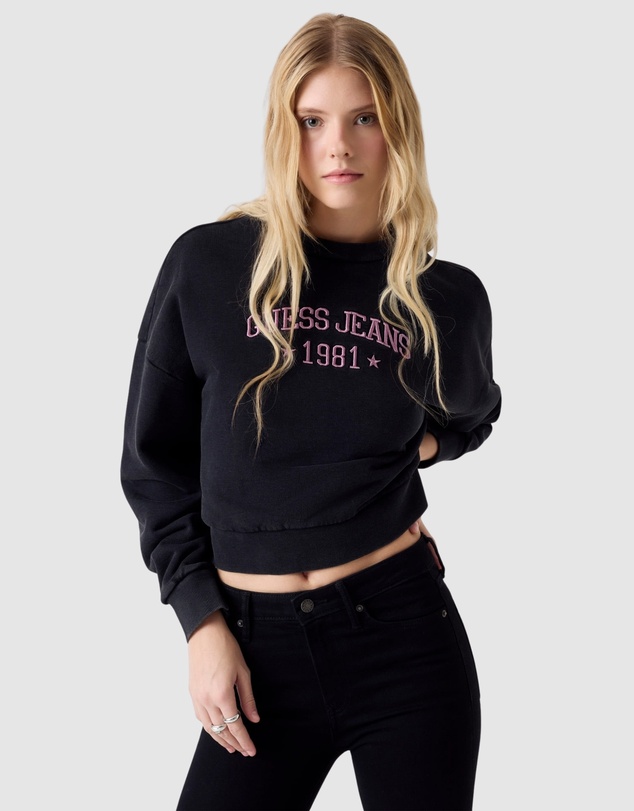 GUESS Jeans - GUESS JEANS Drop Shoulder Embroidered Cropped Sweatshirt
