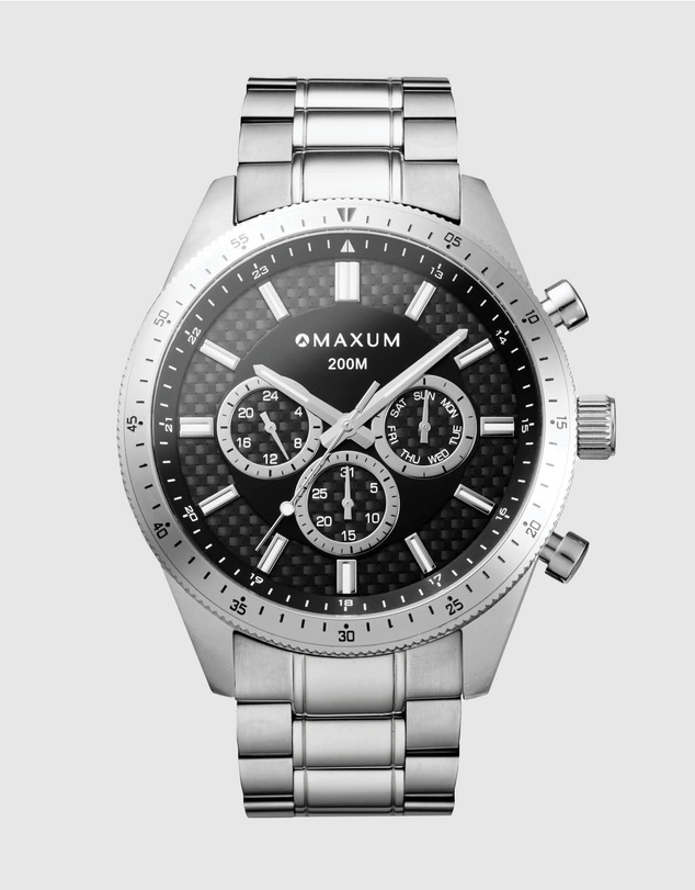 Maxum - Lansdowne Multifunction Chrono Silver Tone Case & Bracelet With Black Dial