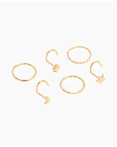 Lovisa - Gold Plated Surgical Steel Star & Moon Nose Piercings 6-Pack