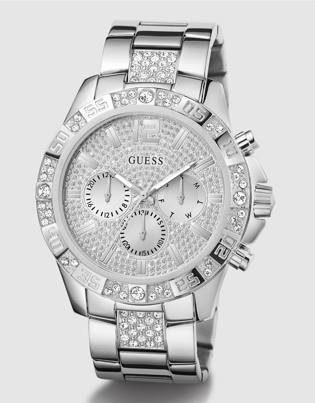 GUESS - Silver-Tone Multi-function Men's 48mm Silver Dial with Crystals on Bezel Watch