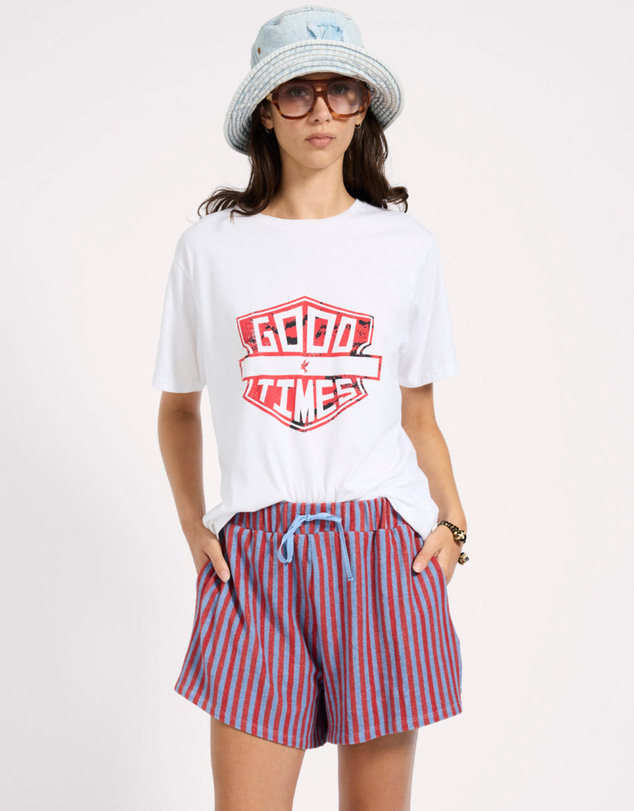 ONE TEASPOON - Terry Towel Drawstring Beach Shorts - Red Blue Striped