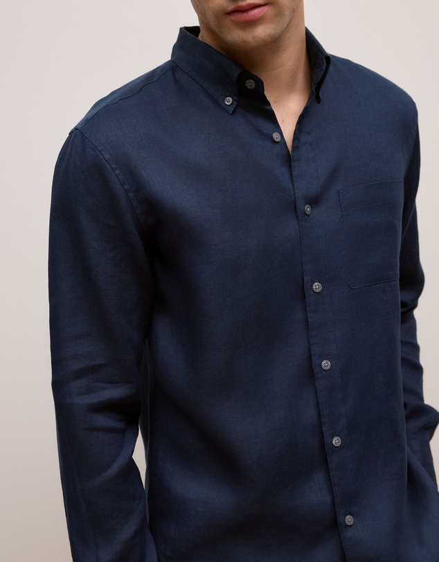 Trenery - Regular Fit Linen Classic Long Sleeve Shirt in Navy