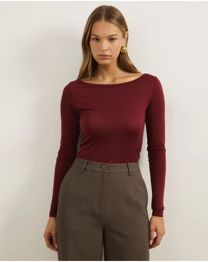 Atmos&Here - Wool Blend Boat Neck Long Sleeve Top
