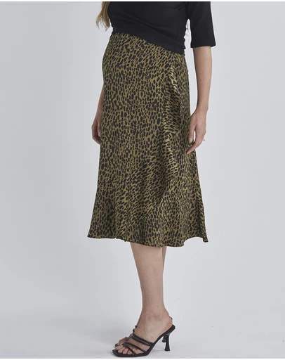 Angel Maternity - Christie Maternity Wrap Midi Skirt in Khaki Leopard Print