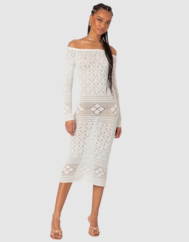 EDIKTED - Lily Crochet Off Shoulder Midi Dress