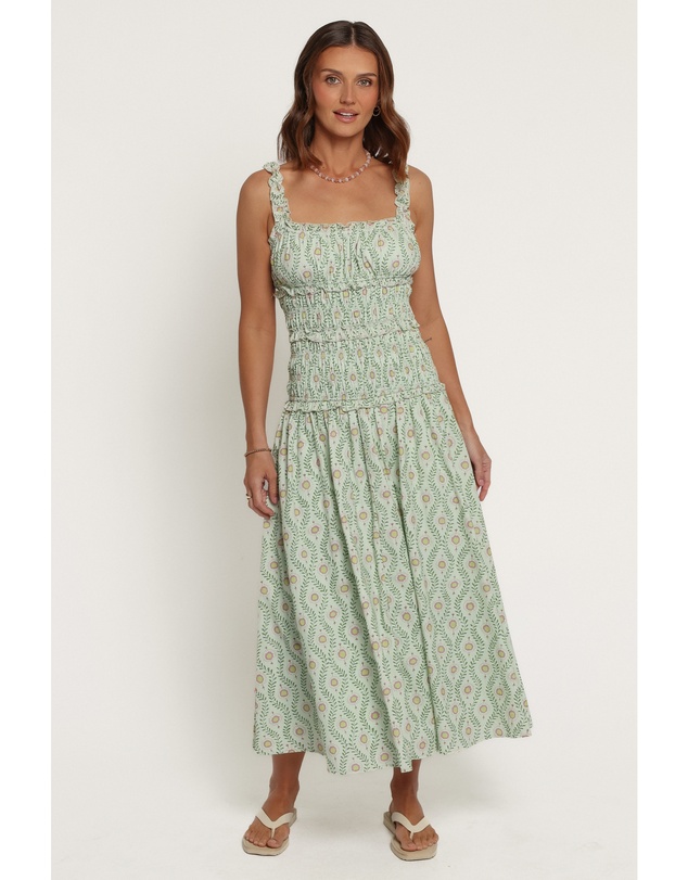 Petal & Pup - Enola Gather Midi Dress - Green Pink Geo