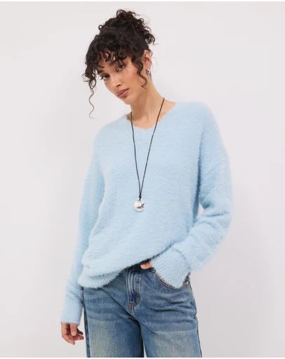 Calli - Rae V-Neck Fluffy Knit Oversized Jumper