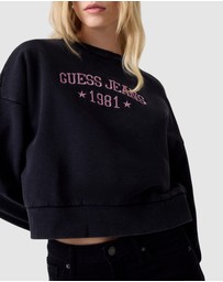 GUESS Jeans - GUESS JEANS Drop Shoulder Embroidered Cropped Sweatshirt