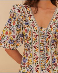 Farm Rio - Greek Garden Off-White Topstitched Yoke Mini Dress