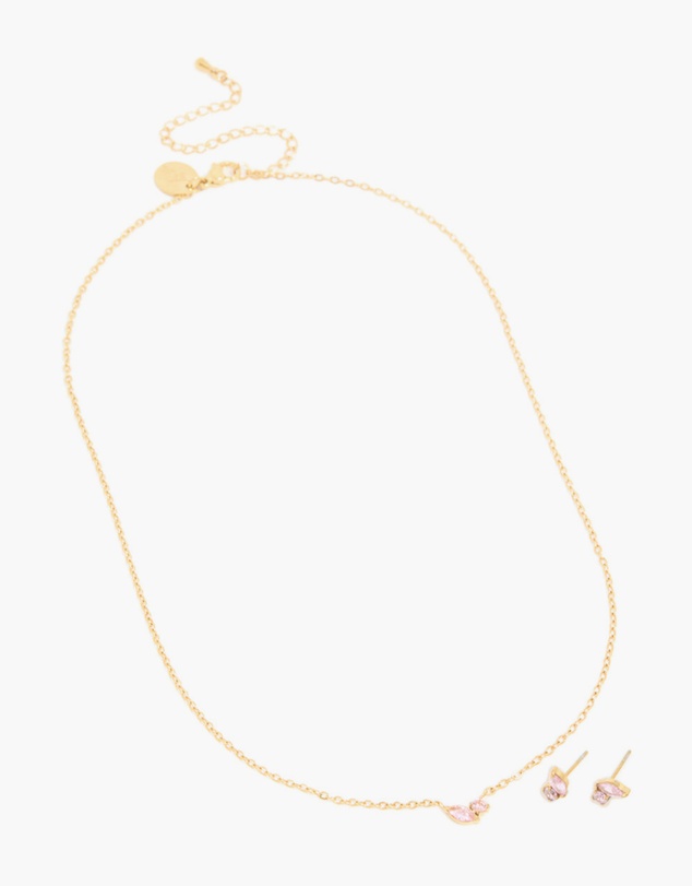 Lovisa - Waterproof Gold Plated Stainless Steel October Pink Cubic Zirconia Birthstone Necklace & Earrings Set