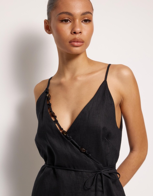 AERE - Nora Beaded Linen Wrap Mini Dress