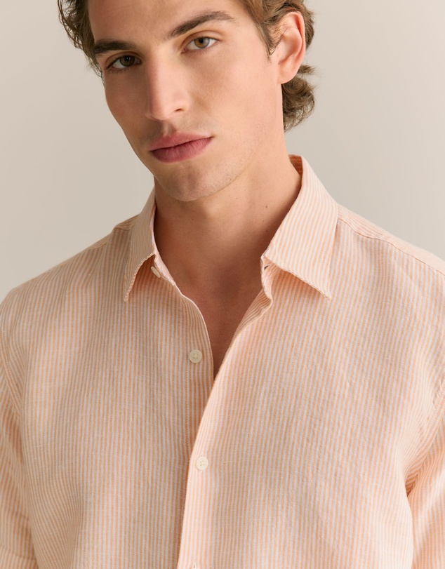 Trenery - Linen Fine Stripe Short Sleeve Shirt in Vivid Orange