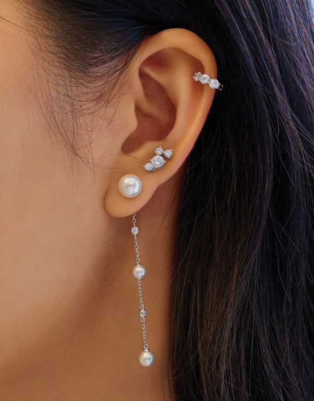 Ania Haie - Silver Cascade Shell Pearl Station Drop Stud Earrings