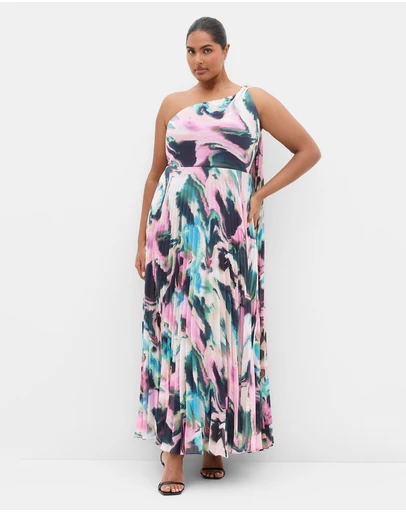 City Chic - Eloura One Shoulder Rippled Print Maxi Dress