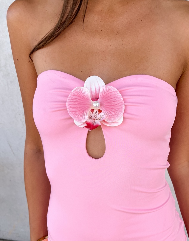 Beginning Boutique - Gretta Pink Strapless Orchid Trim Mini Dress