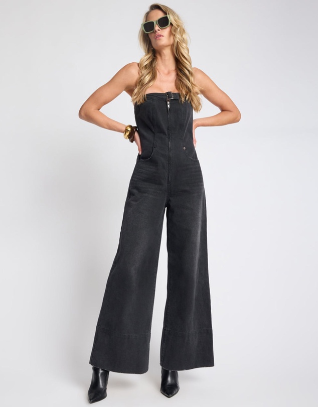 ONE TEASPOON - Dark Angel Strapless Wide Leg Denim Jumpsuit - Smokey Black