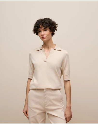 Trenery - Cotton Cashmere Half Sleeve Polo in Camel