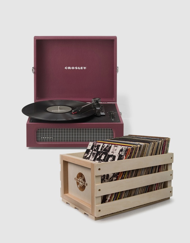Crosley - Crosley Voyager Bluetooth Portable Turntable + Bundled Record Storage Crate - Burgundy