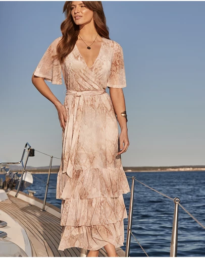 Sosandar - Snake Print Tiered Hem Wrap Jersey Midi Dress