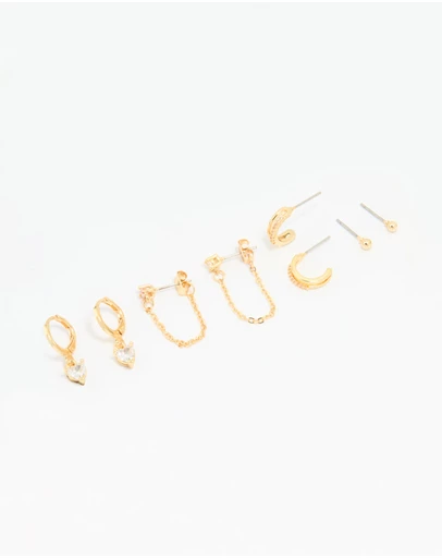 Lovisa - Gold Plated Brass Cubic Zirconia Heart & Chunky Huggie Earrings 4-Pack