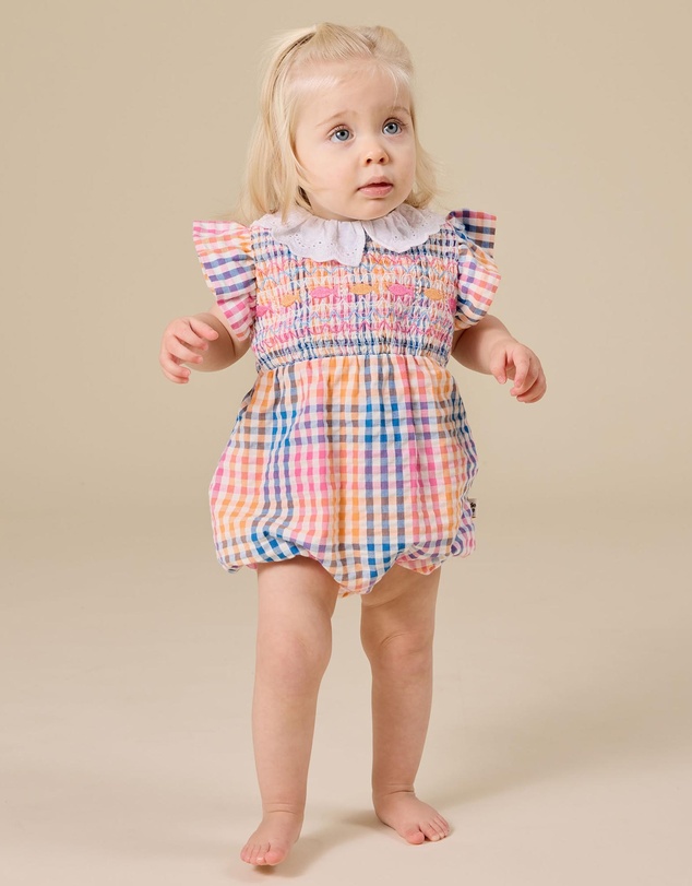 Goldie + Ace - Rainbow Gingham Lani Smocked Romper - Babies