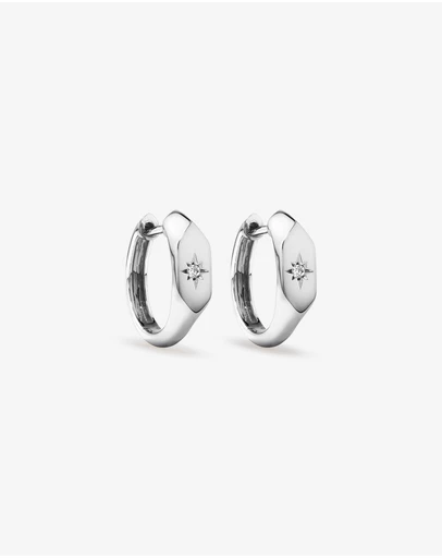 Michael Hill - Diamond Star Accent Signet Huggie Hoop Earrings in Sterling Silver