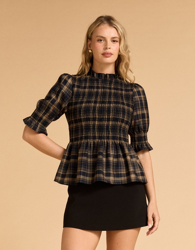 MVN - Plaid Shirring Short Sleeve Top
