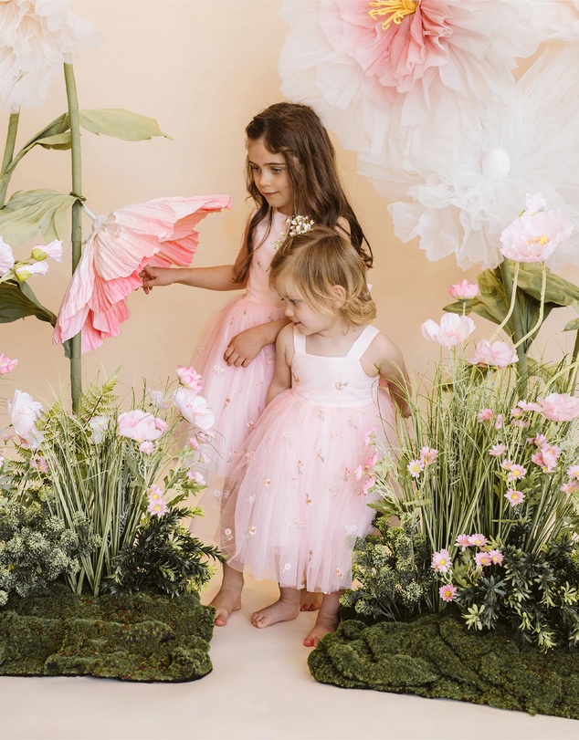 Bebe by Minihaha - Pink Floral Embroidered Back Bow Tulle Dress - Kids