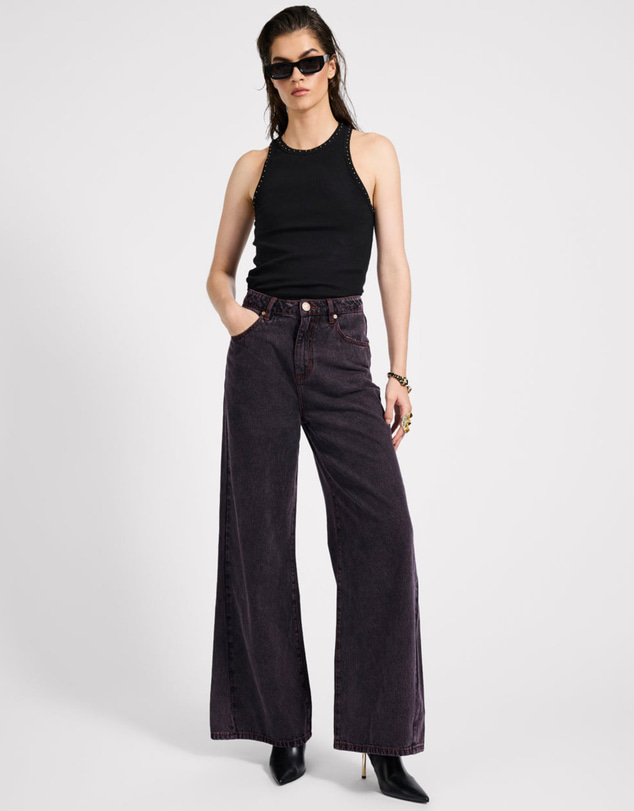 ONE TEASPOON - Love Machines Mid Waist Super Wide Leg Denim Jeans - Black Pink